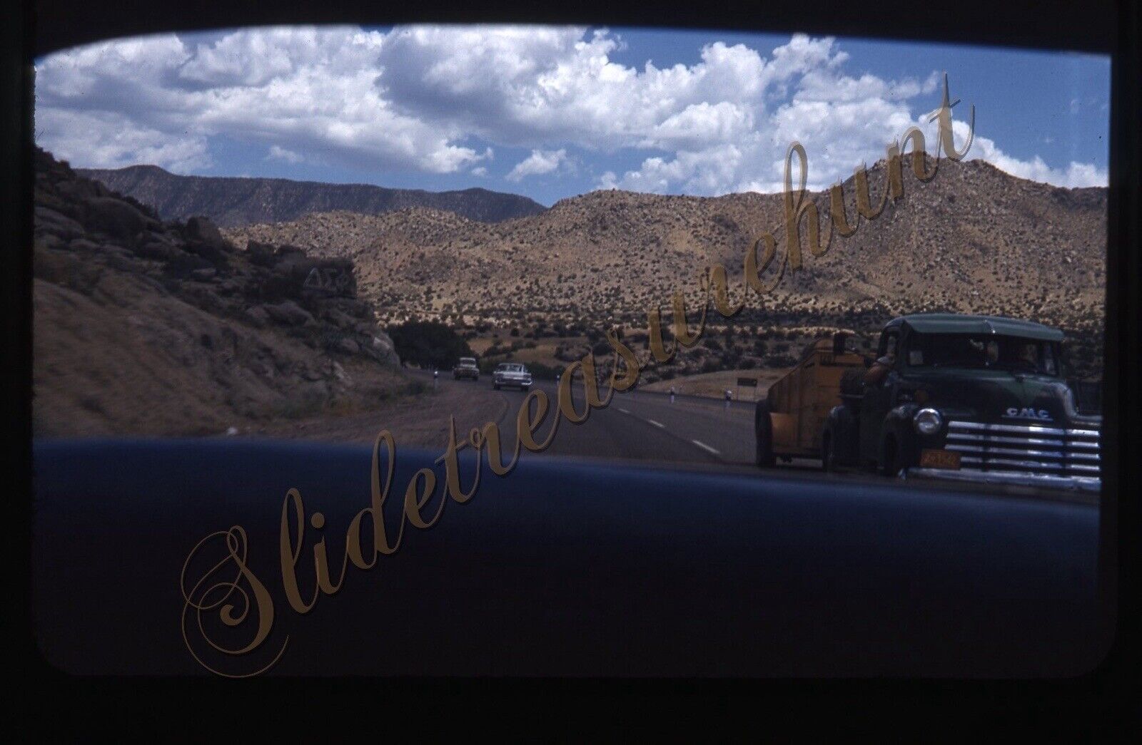 Road Scene Desert GMC Truck Cars 35mm Slide 1950s Red Border Kodachrome