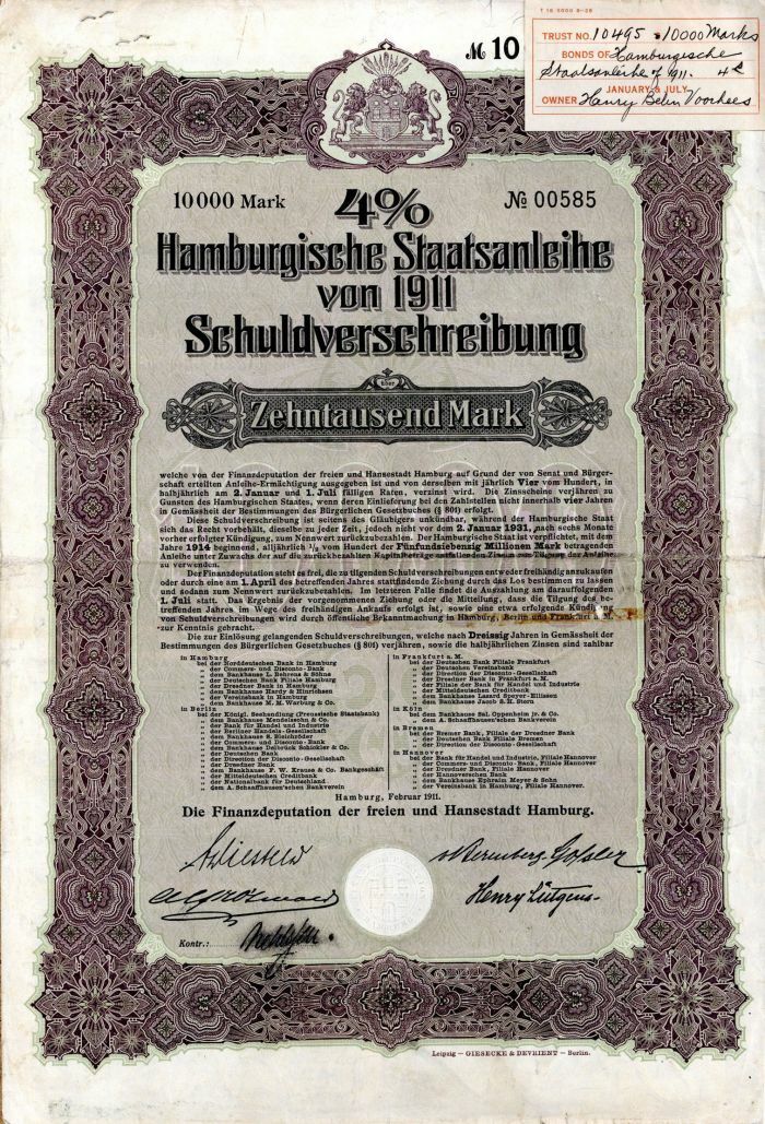 Hamburgische Staatsanleihe - 10,000 Mark Bond - Foreign Bonds