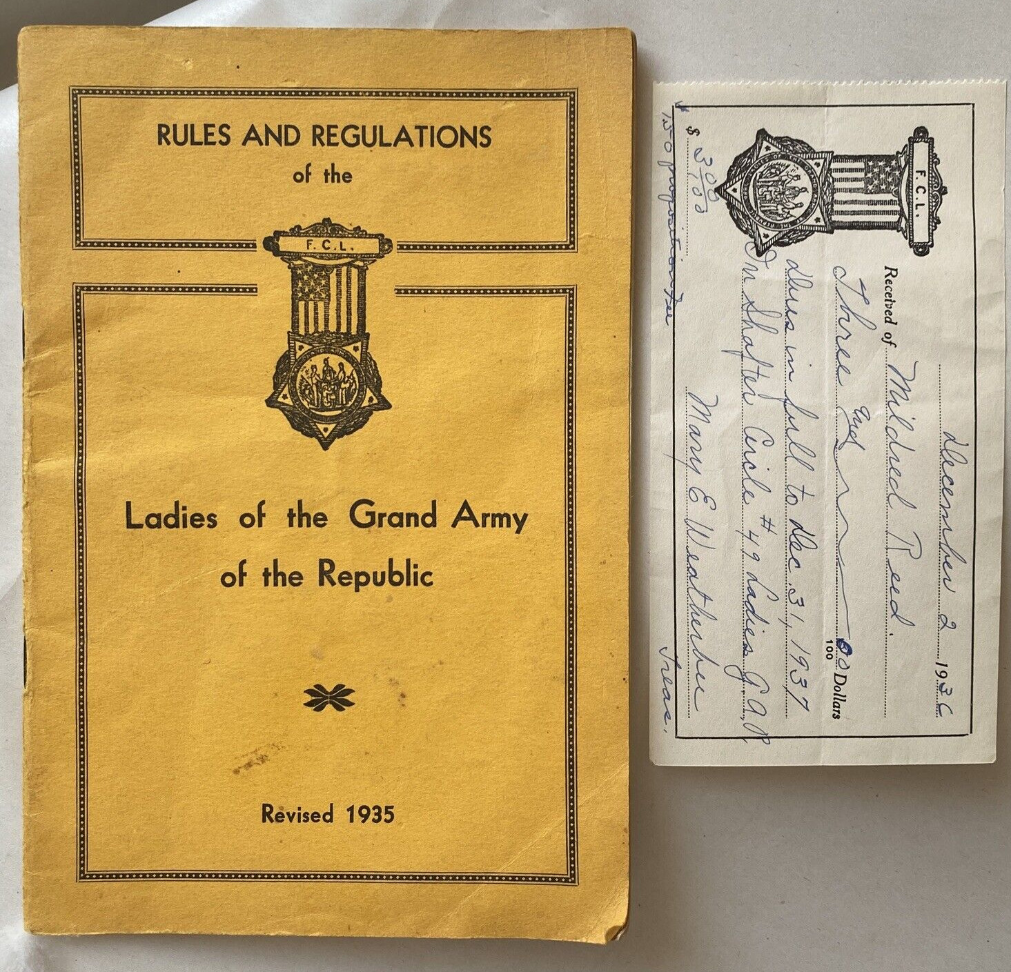 1935 GAR Ladies of the Grand Army of the Republic Rules Regulations Receipt