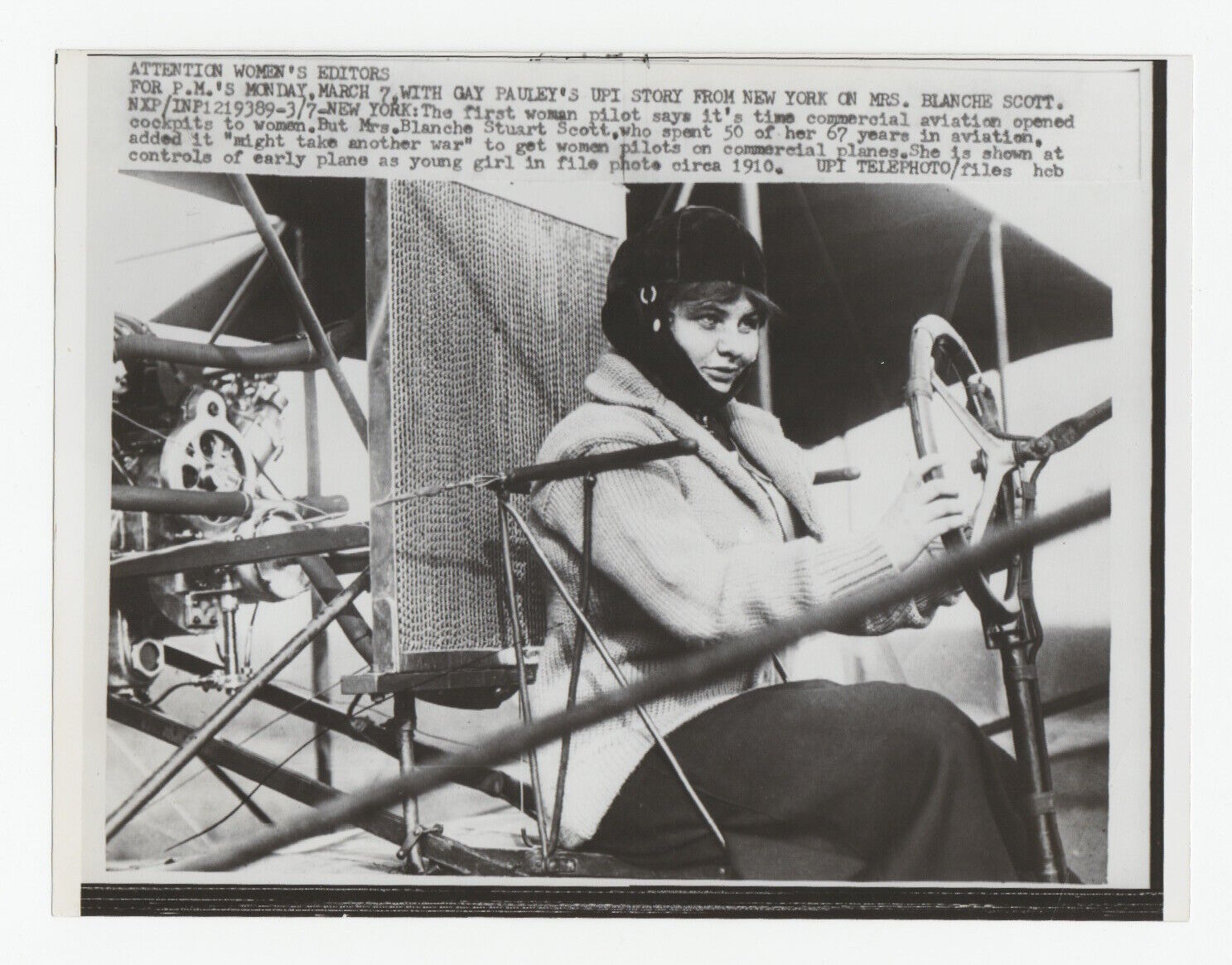 1960 Press Photo of Feminist Blanche Scott First Aviatrix shown in 1910 Cockpit