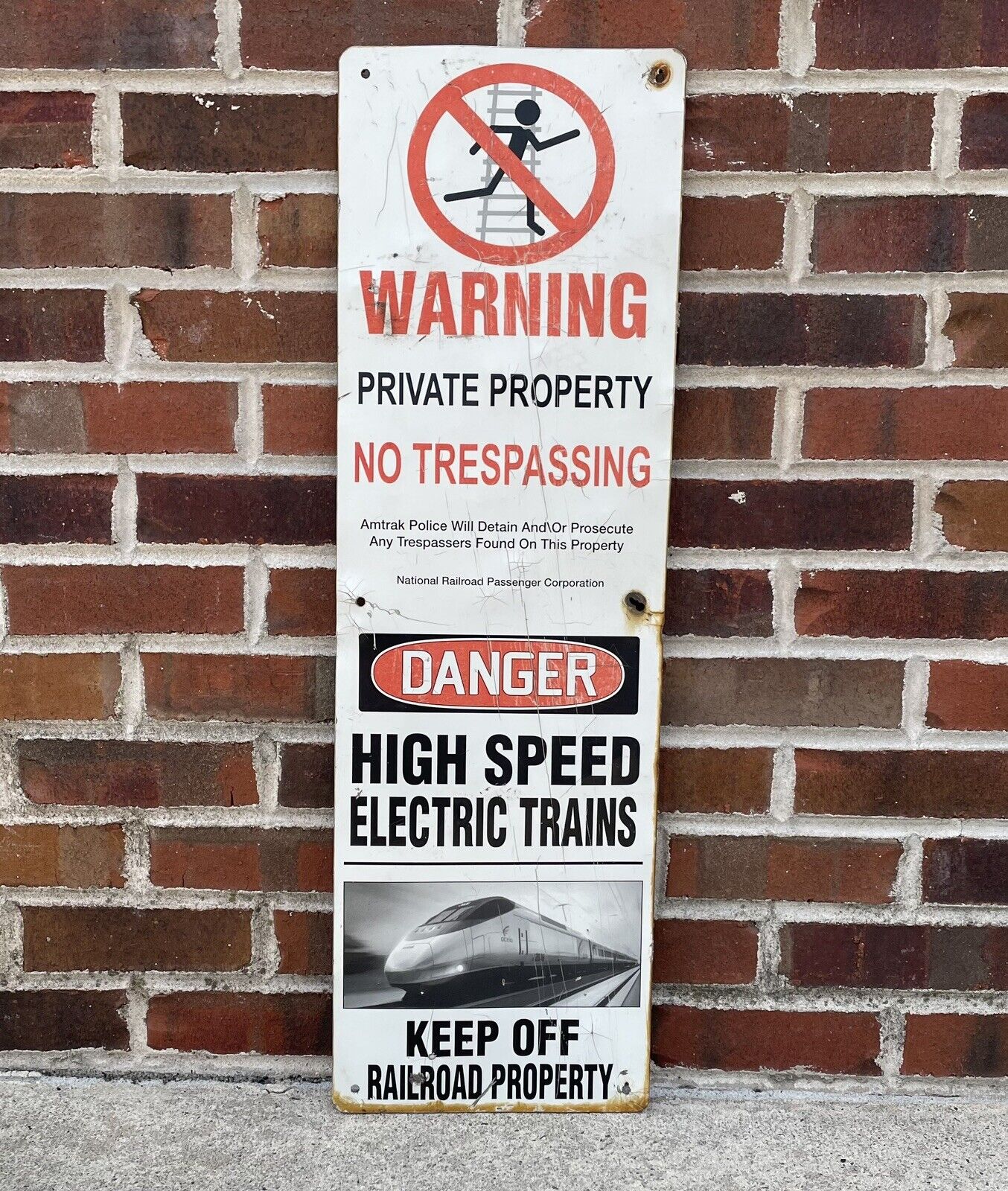 Vintage Warning High Speed Electric Trains Amtrak No Trespassing Railroad Sign