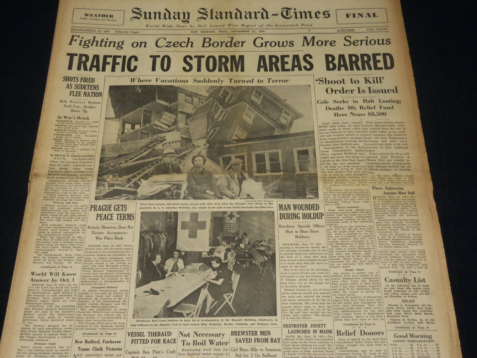1938 SEPT 25 NEW BEDFORD STANDARD TIMES NEWSPAPER - TRAFFIC TO STORM - NT 8913