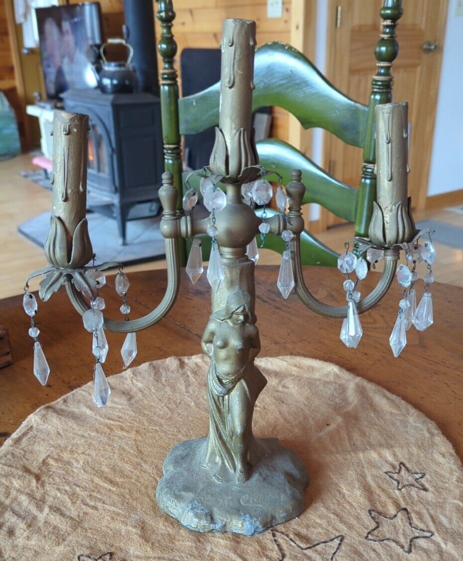 Antique Art Deco Metal Painted Lamp Base 3 Candle Candleabra For Parts Repair