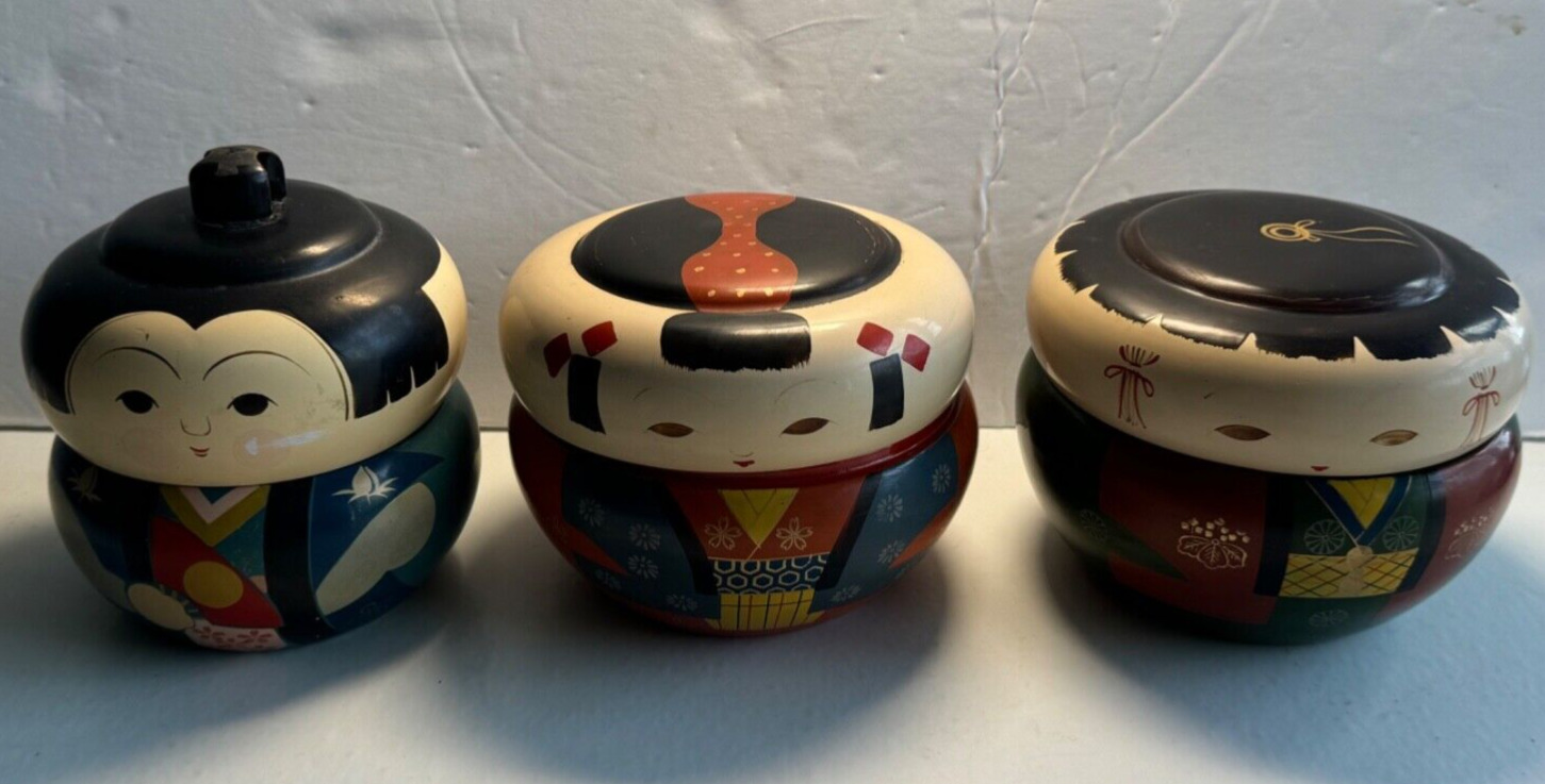 Set of 3 Vintage Lacquerware Kokeshi Style Containers