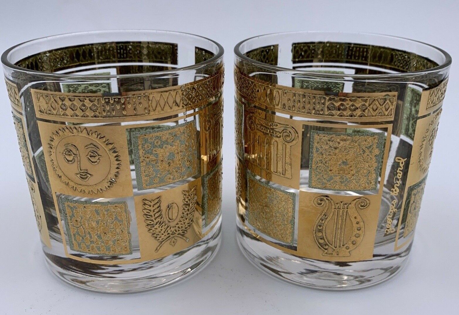 Vtg Georges Briard Rocks Glass Set 2 Golden Celeste Sun MCM Barware Glassware