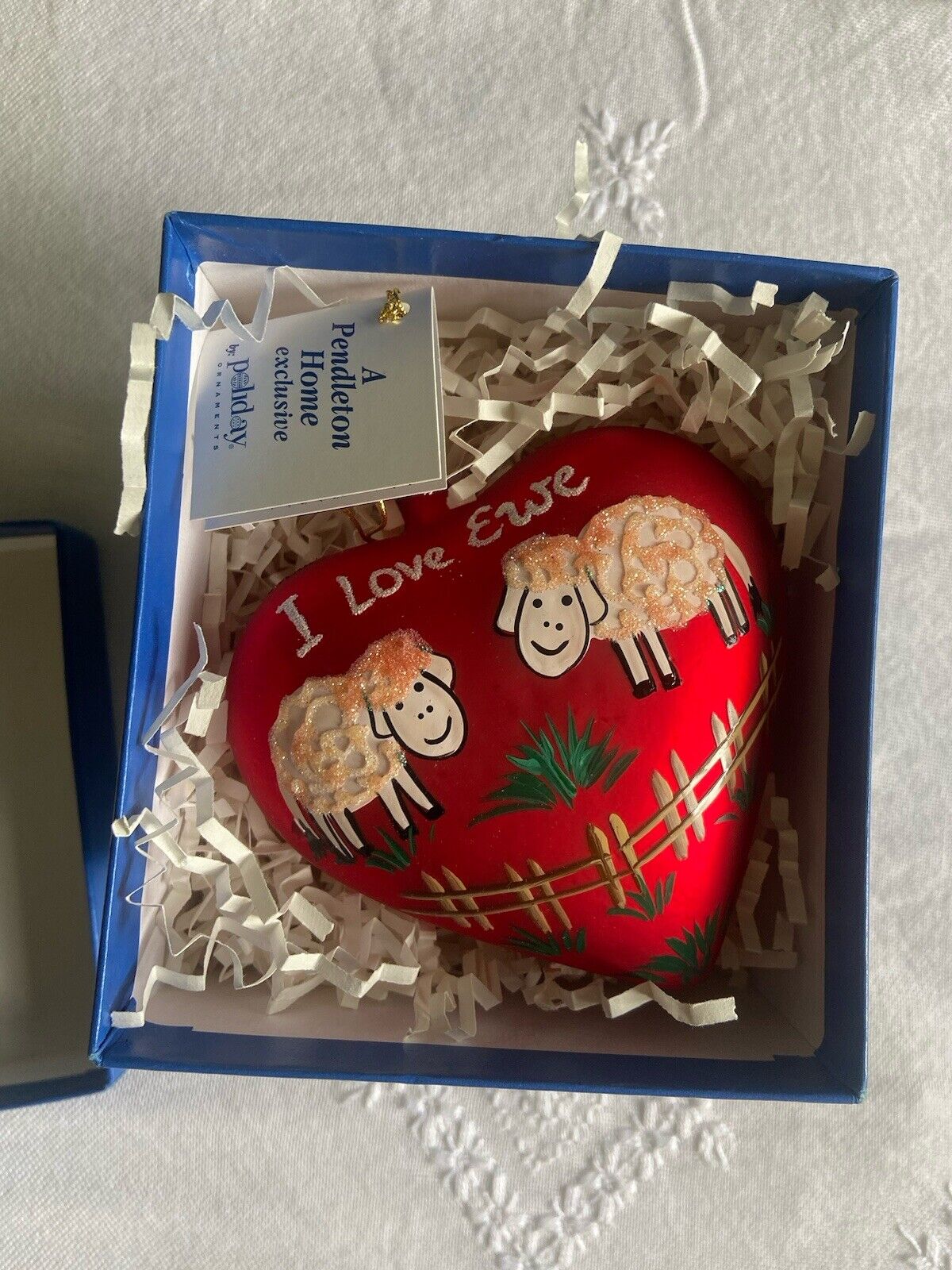Vintage Pendleton home  “I Love Ewe” Heart Hand Painted Ornament With Case