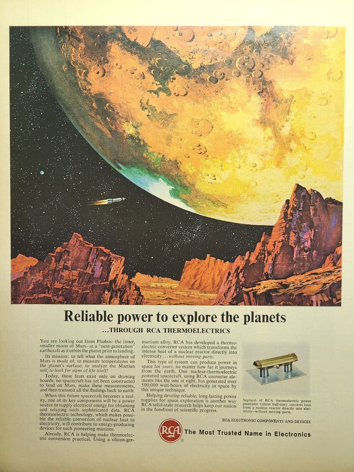 RCA Thermoelectrics Power To Explore The Planets Space Age Vintage Print Ad 1965