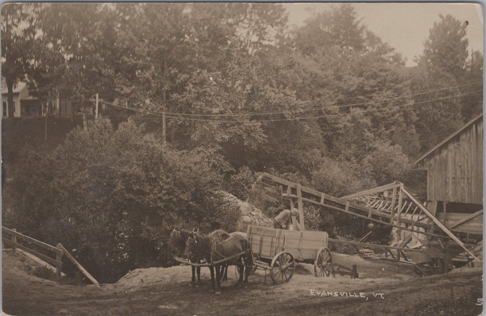 Evansville Vermont Horse Cart Mill? RPPC c1910s Photo Postcard
