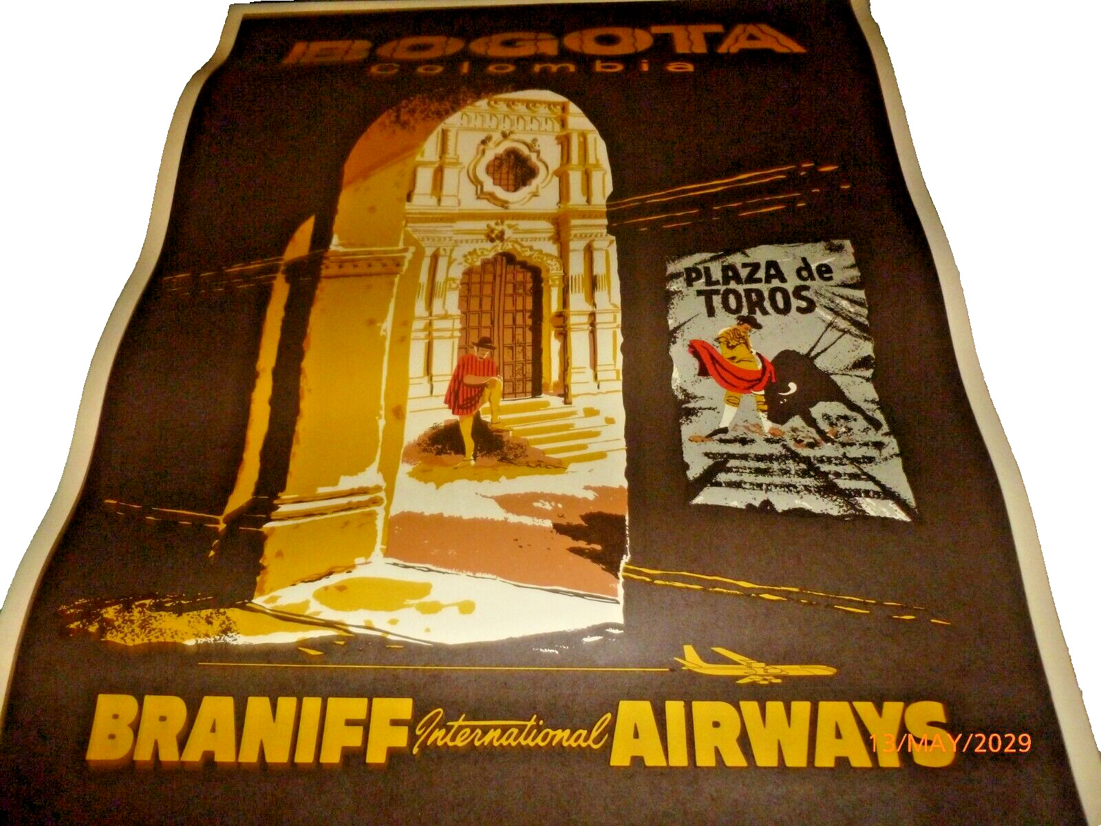 Vintage 1960s Original BRANIFF AIRWAYS Bogota Colombia TRAVEL POSTER 20x26\