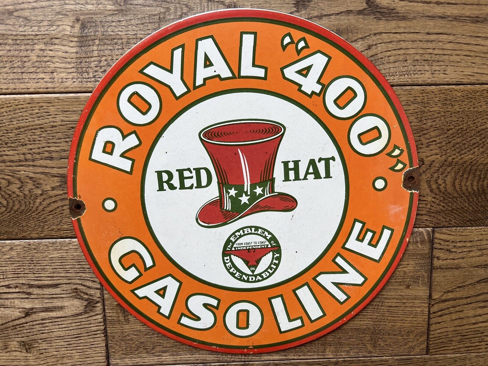 Vintage Red Hat Gasoline Porcelain  Sign 12”