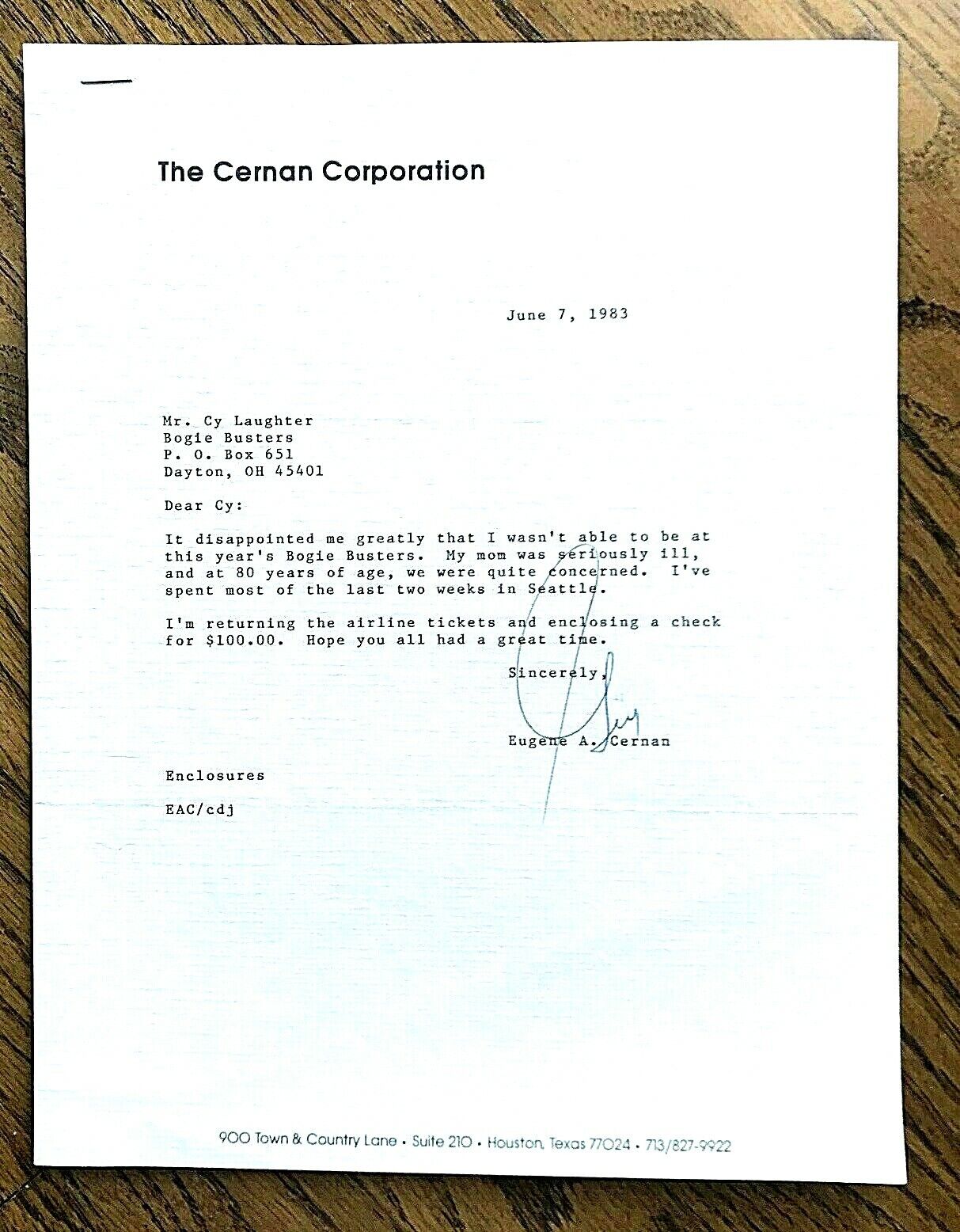 GENE CERNAN Astronaut Signed 1983 Letter to Cy Laughter, Bogie Busters