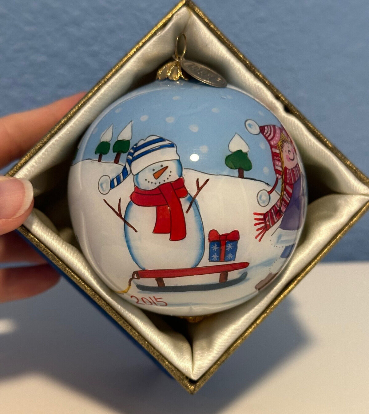 2015 Pier One Li Bien Ornament Snowman Reverse Hand Painted Glass Christmas