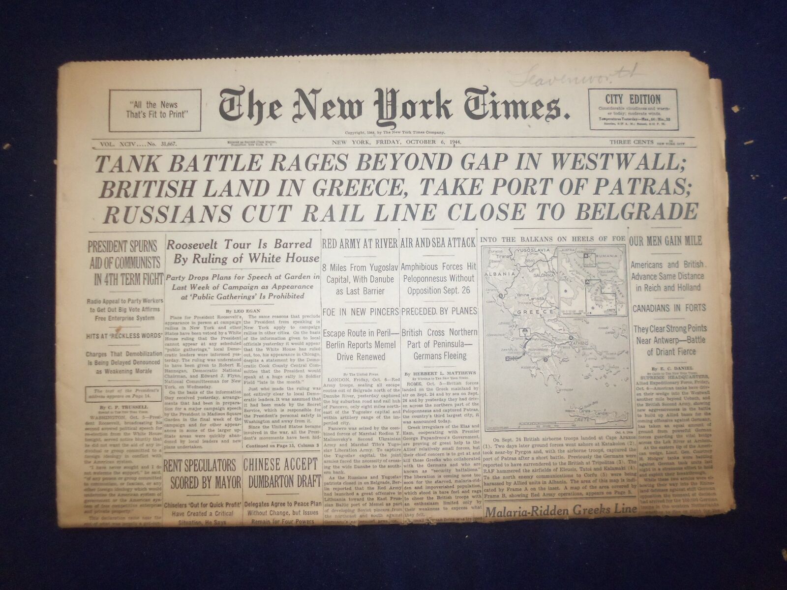 1944 OCT 6 NEW YORK TIMES - TANK BATTLE RAGES BEYOND GAP IN WESTWALL - NP 6634
