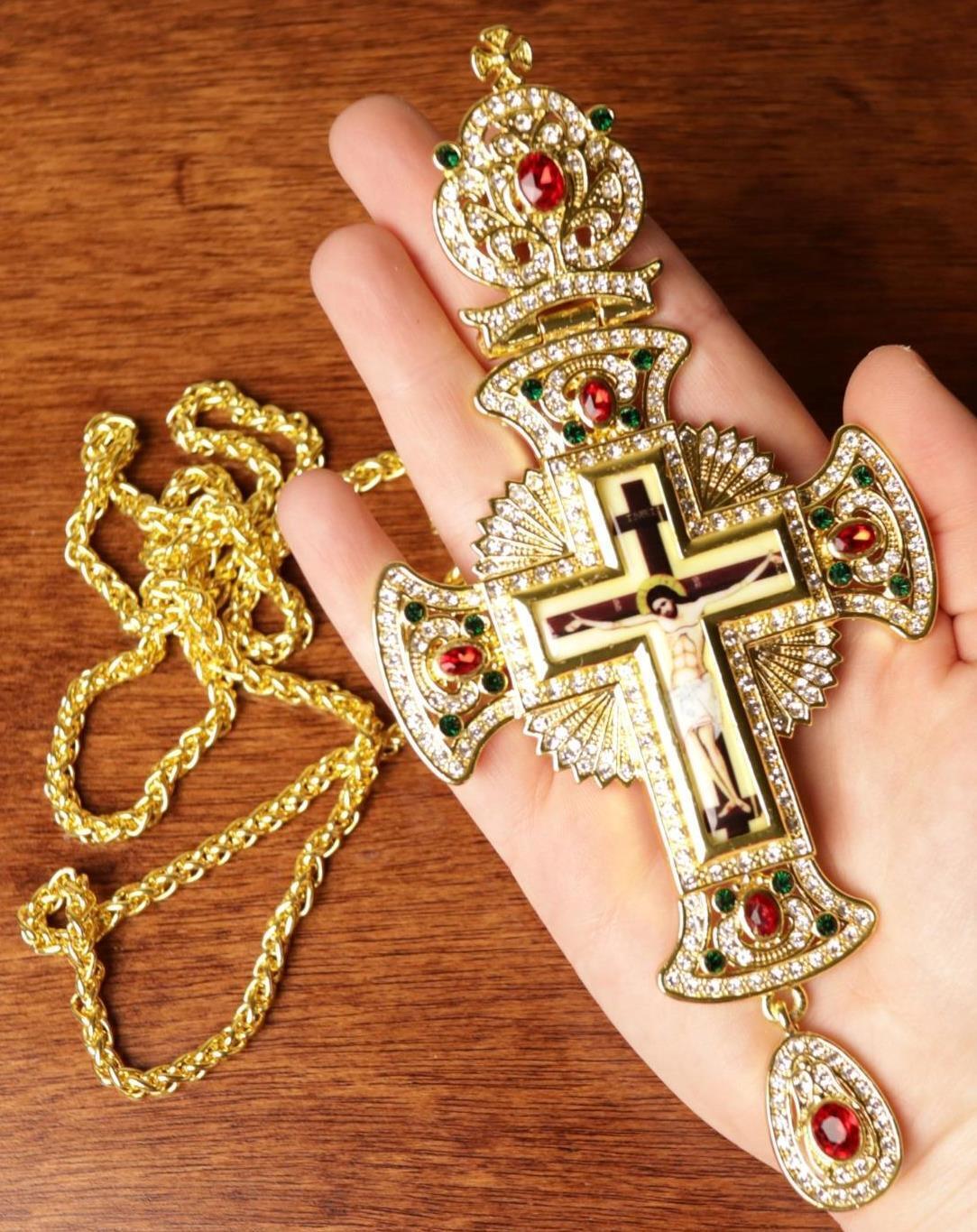 Ornate Sunburst Gold Plate Byzantine Jerusalem Pectoral Cross Bishop 39 Inch