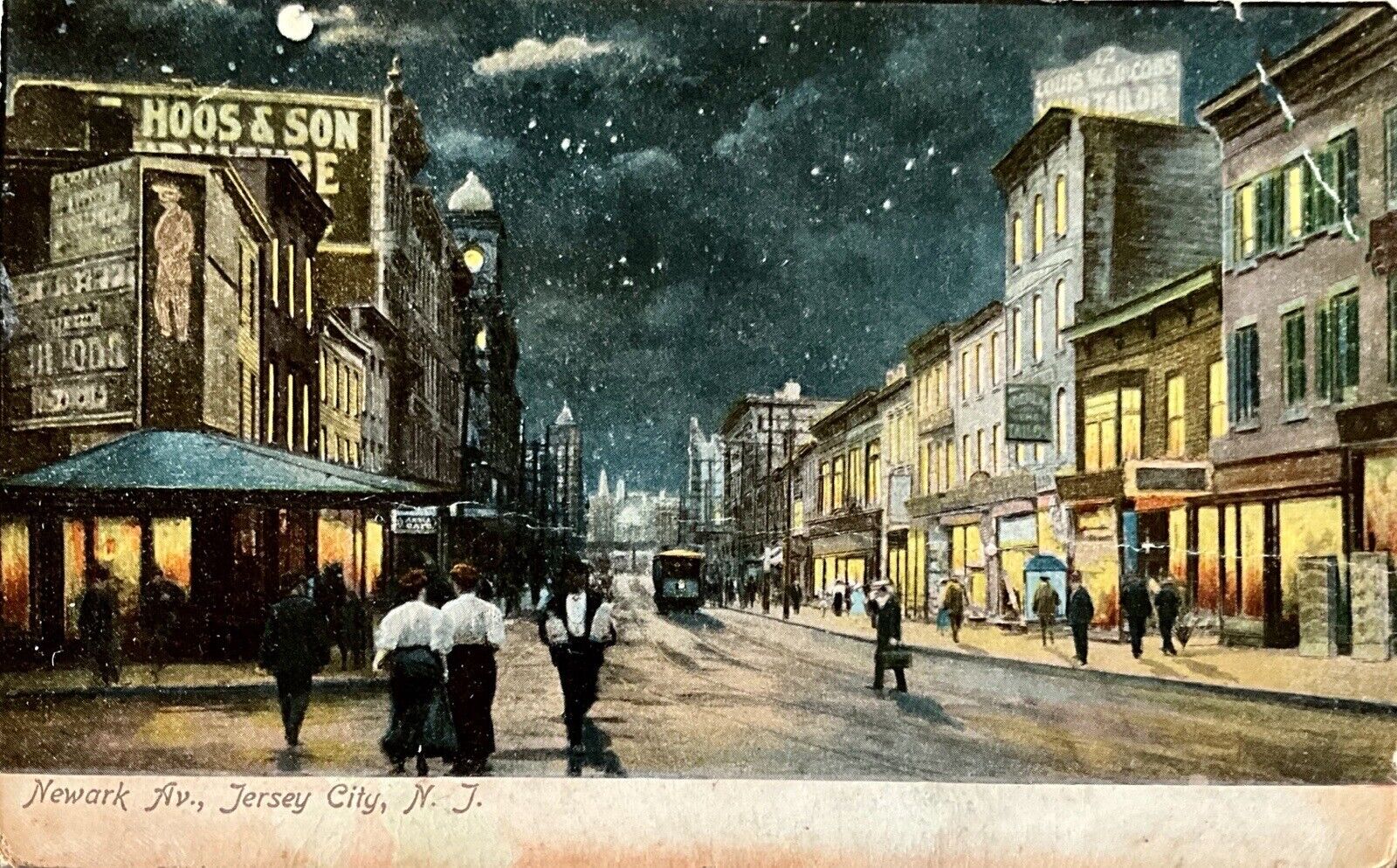 NEWARK AVE, JERSEY CITY, NJ At Night Antique Postcard 1914