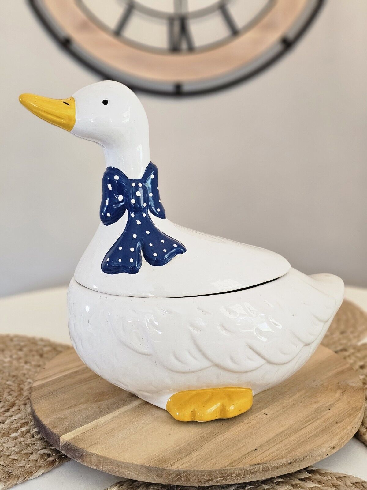 Vintage 80s Ceramic Mother Goose Duck COOKIE JAR Blue Bow 