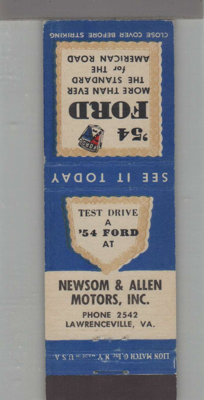 Matchbook Cover - 1954 Ford Dealer - Newsome & Allen Motors Lawrenceville, VA