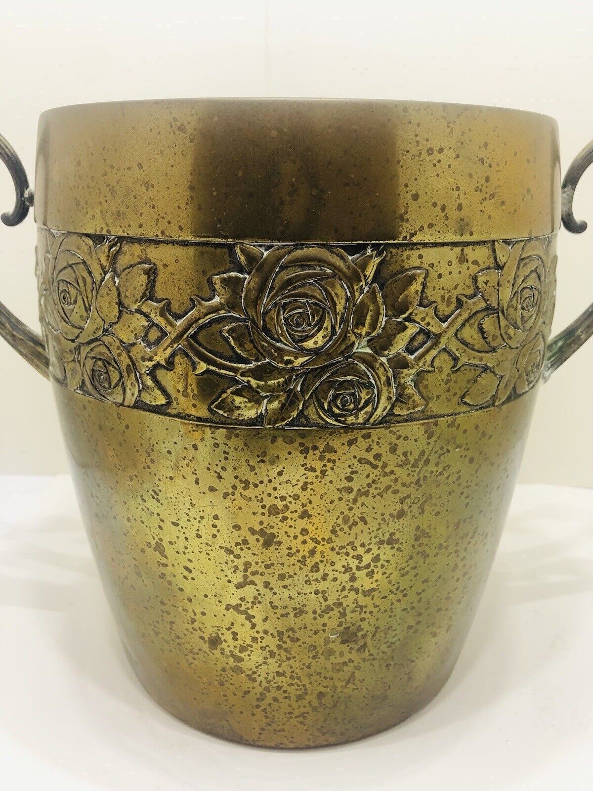 VTG Art Deco Embossed Brass Wine Ice Bucket Planter w/ Handles, Floral 9” EUC