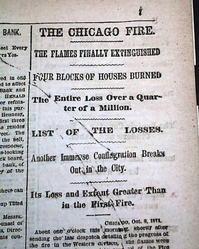 GREAT CHICAGO FIRE at the Start of Disaster & Peshtigo Wisconsin 1871 Newspaper 
