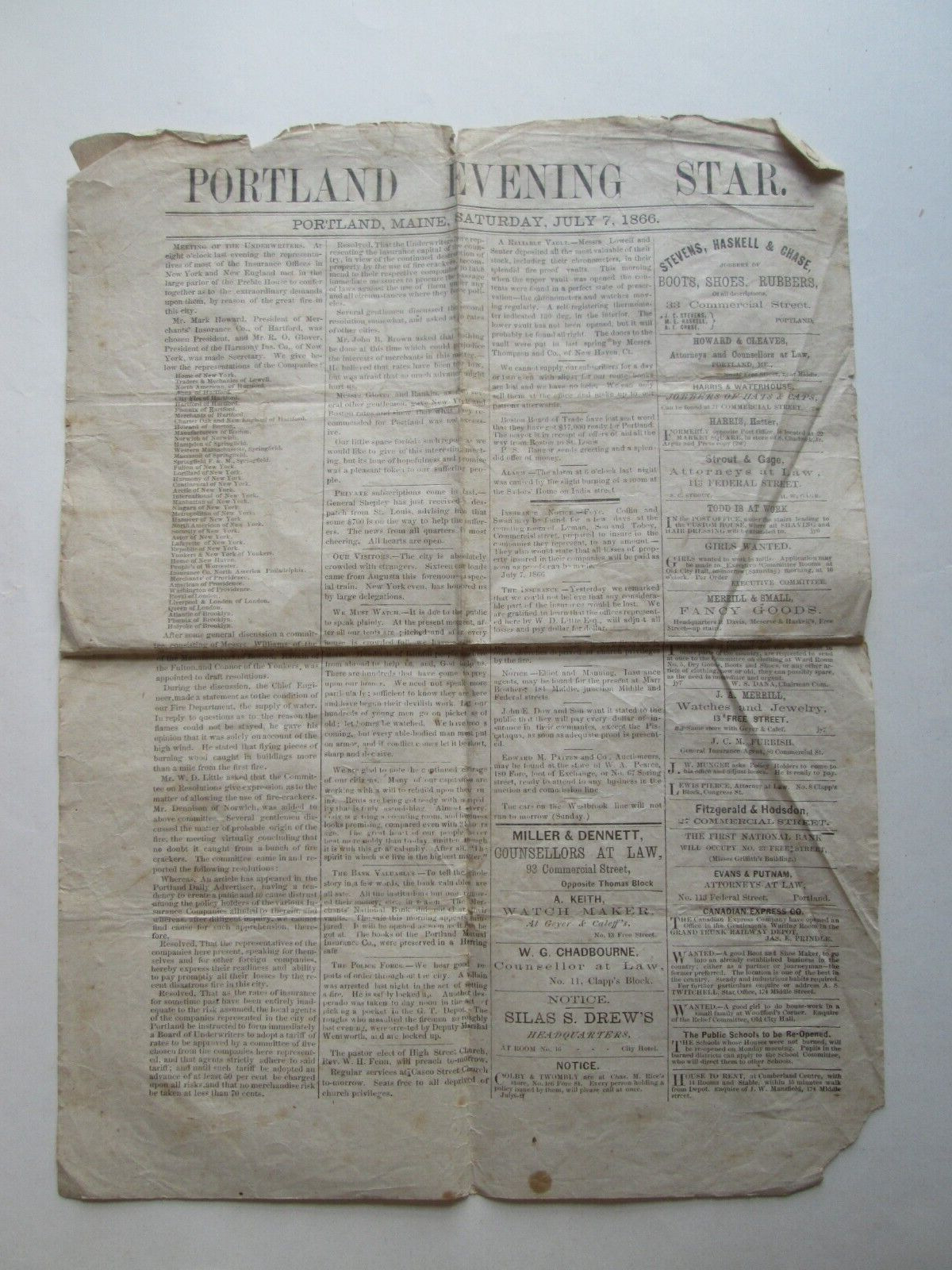 1866 PORTLAND EVENING STAR, JULY 7, GREAT PORTLAND FIRE WAS JULY 4 1866, STORIES