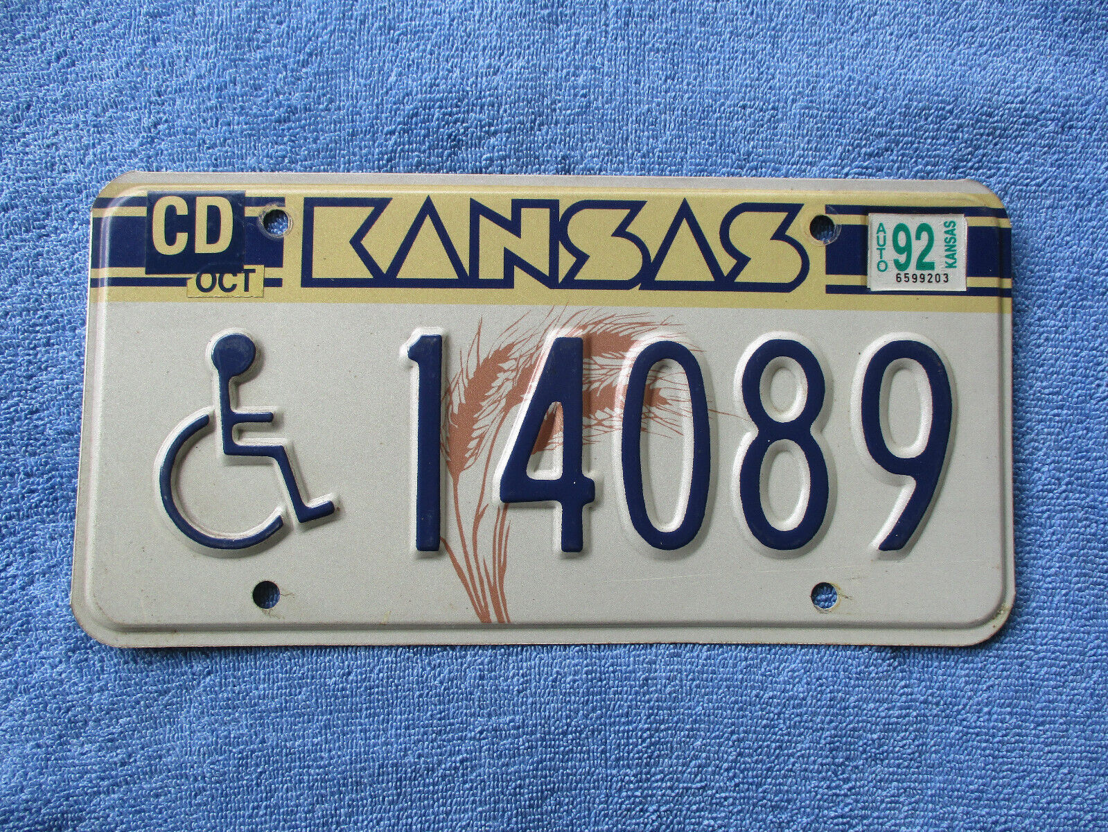1992 Kansas Handicap License Plate (wheat graphic) # 14089