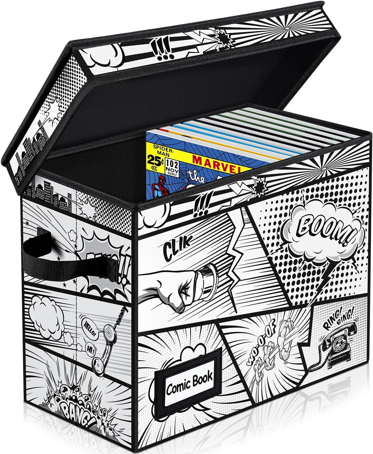 Comic Book Storage Box with Attached Lid, Collapsible Fabric Storage Bins with H