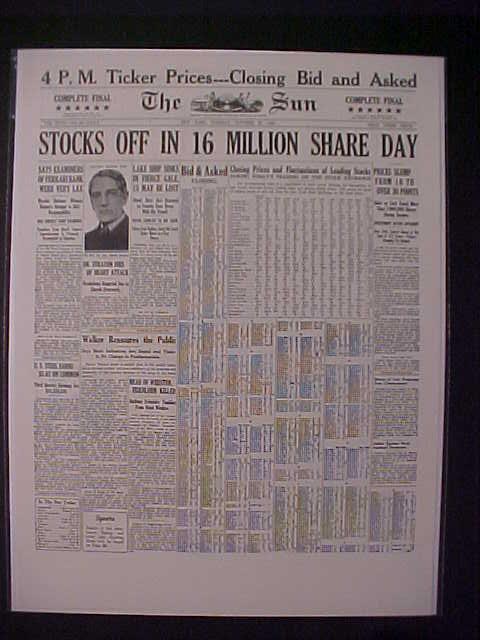 VINTAGE NEWSPAPER HEADLINE~NEW YORK WALL STREET STOCK MARKET CRASH DISASTER 1929