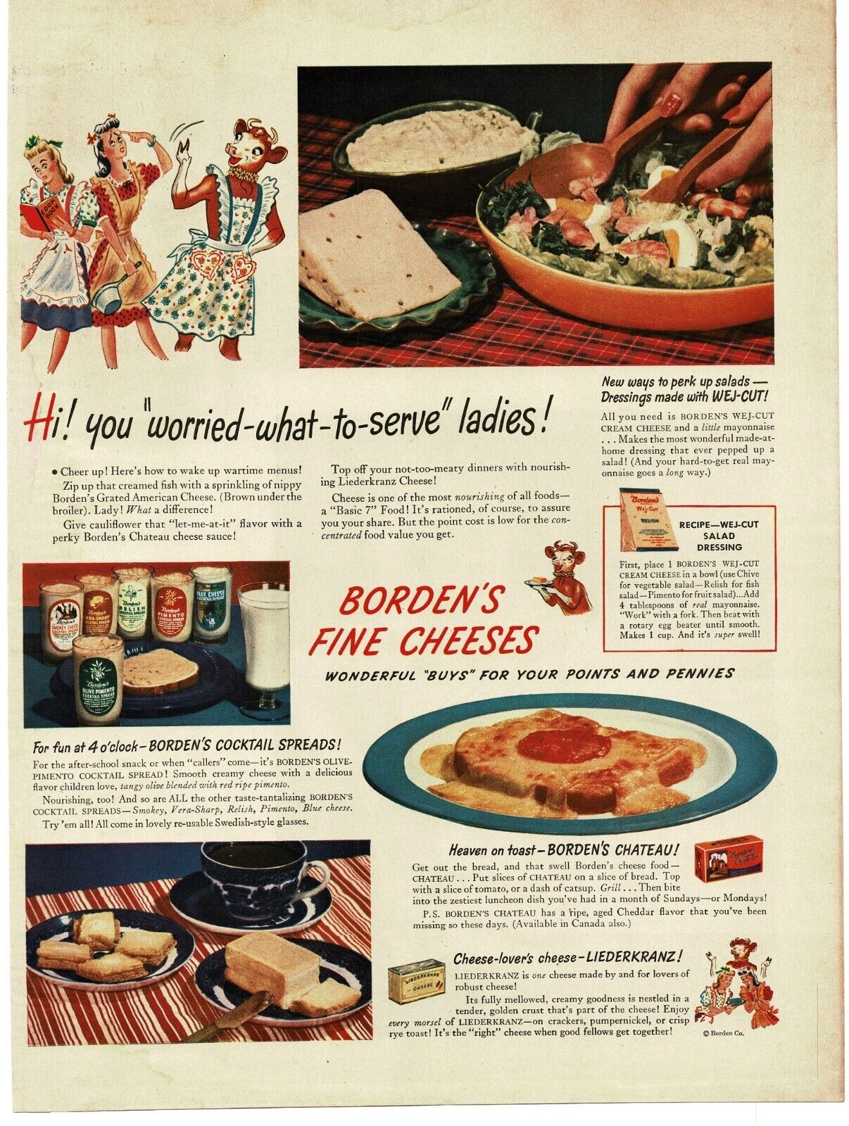1944 Borden\'s Fine Cheeses Cheese Spread Elsie The Cow art Print Ad