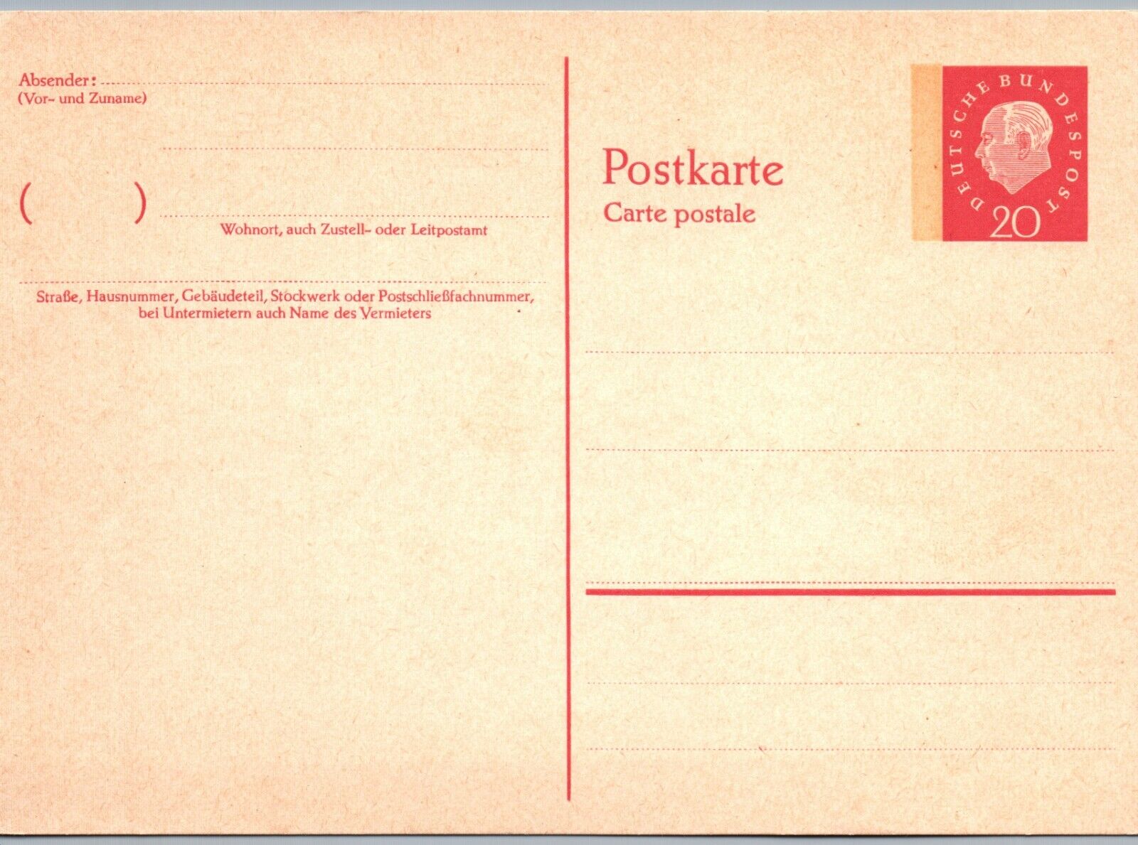 CONTINENTAL SIZE POSTAL CARD: 20 Pfenning WEST GERMANY INTERNATIONAL POST RATE