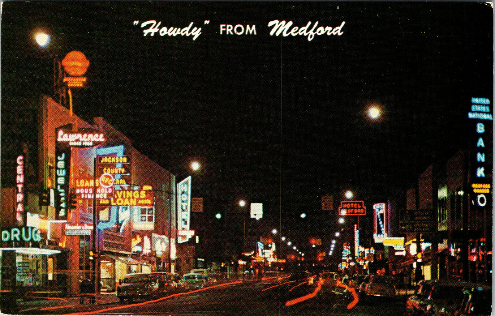 Howdy From Medford Oregon Main Street At Night Old Cars Chrome Postcard 