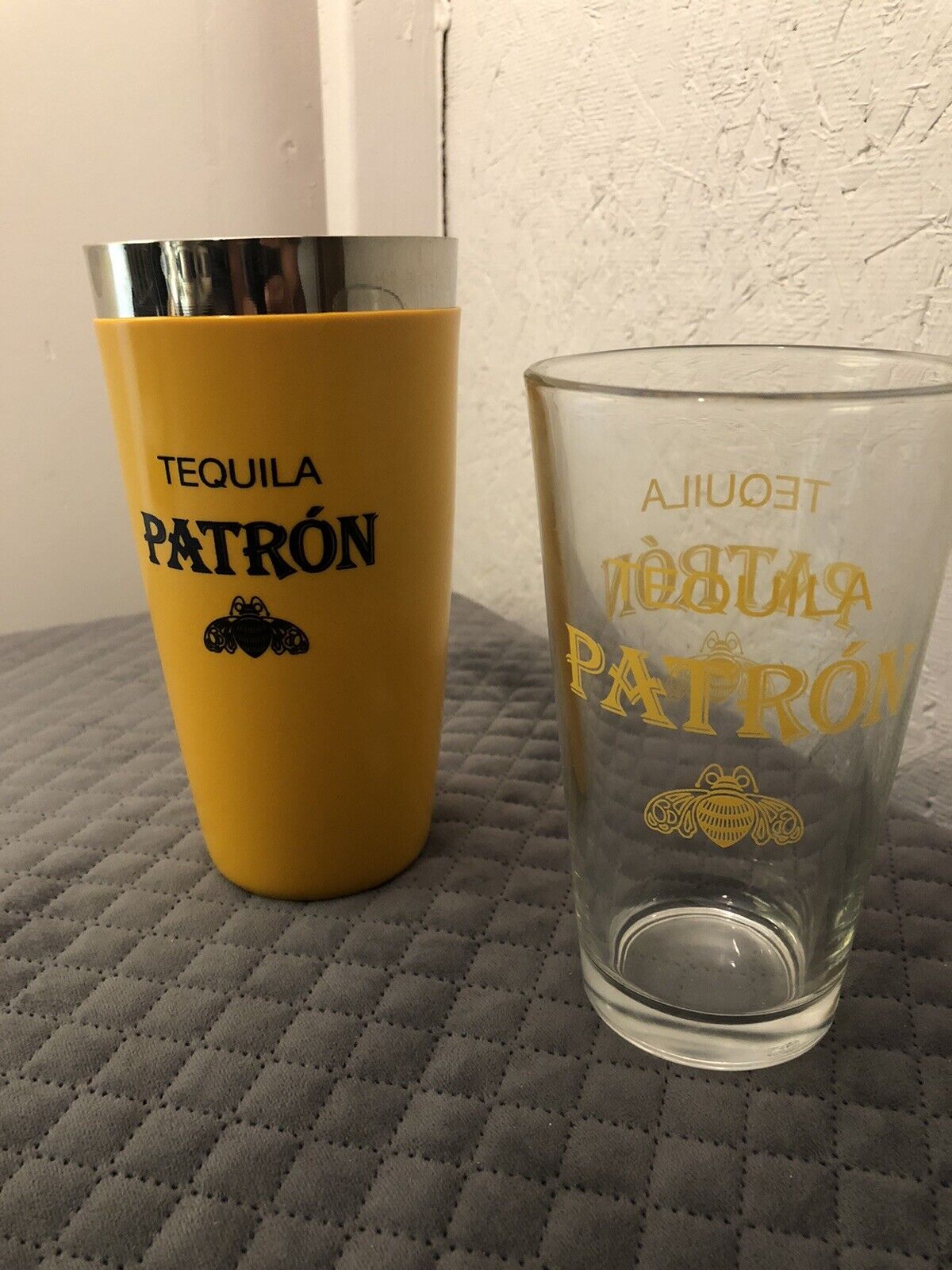 Yellow Patron Tequila Bee 2-Piece Stainless Steel Shaker and Glass Set Bar 1H