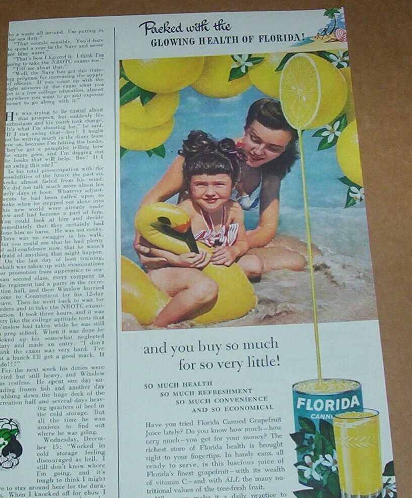 1949 print ad -Florida Grapefruit juice cute little Girl famiy beach Advertising