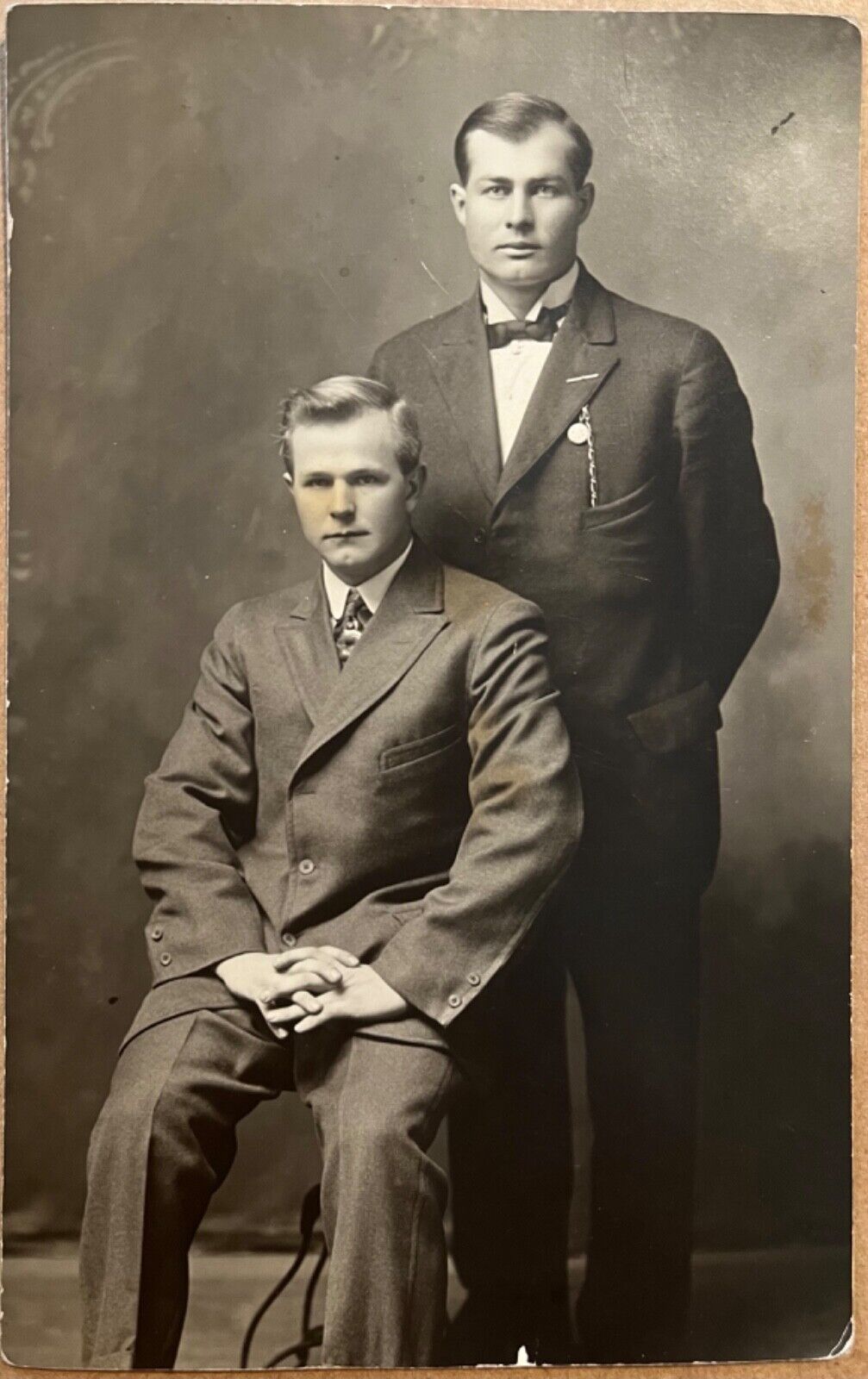 RPPC Attractive Men Ed Dubare with Brother Antique Real Photo Postcard c1910