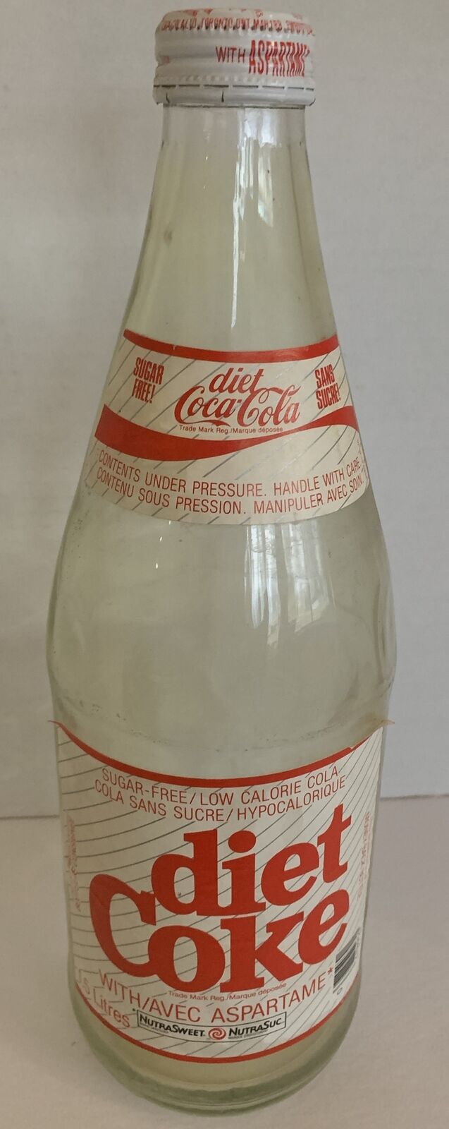 1.5 Liters Full French Canada Diet Coke Paper Label Glass Bottle 13” Tall-Empty