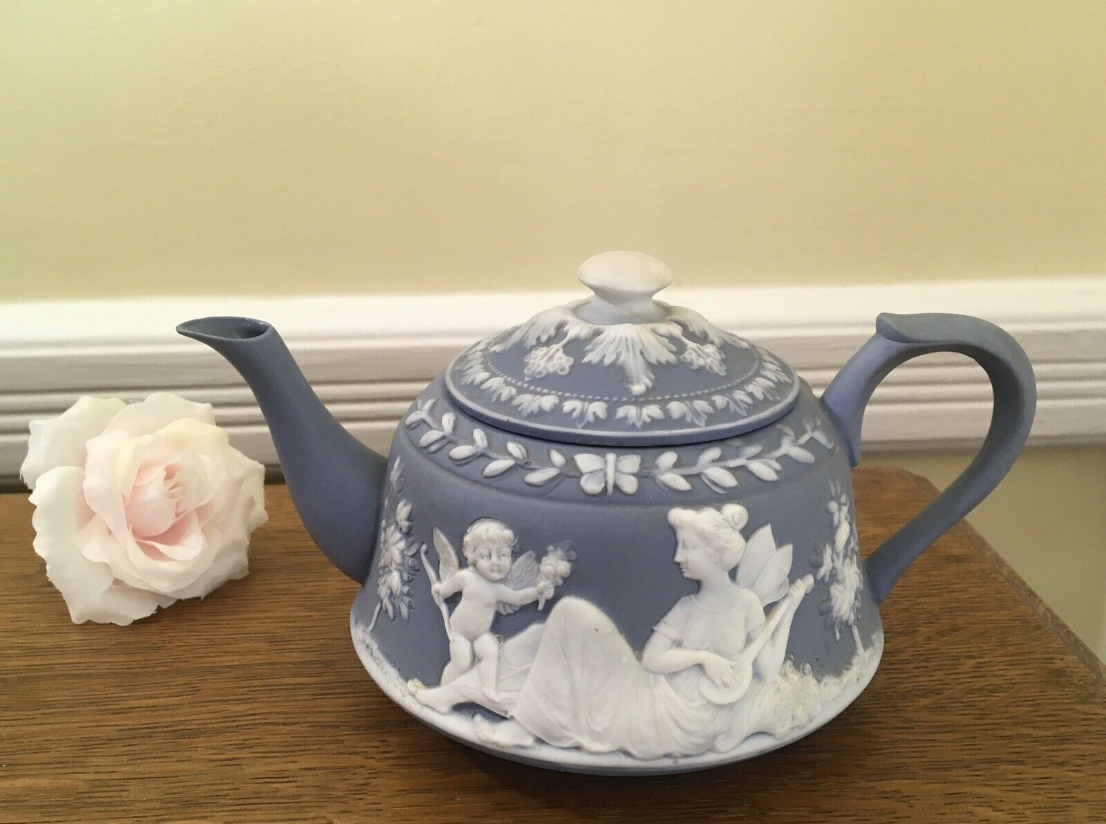 c1900’s Antique Schafer & Vater of Germany Fairy Jasperware Teapot Wedgwood Blue