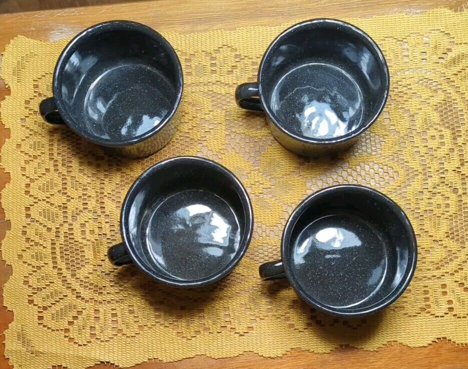 Lot of 4 Vintage Speckled Black Metal Enamel Ware Cups Camp Handle Coffee Mugs