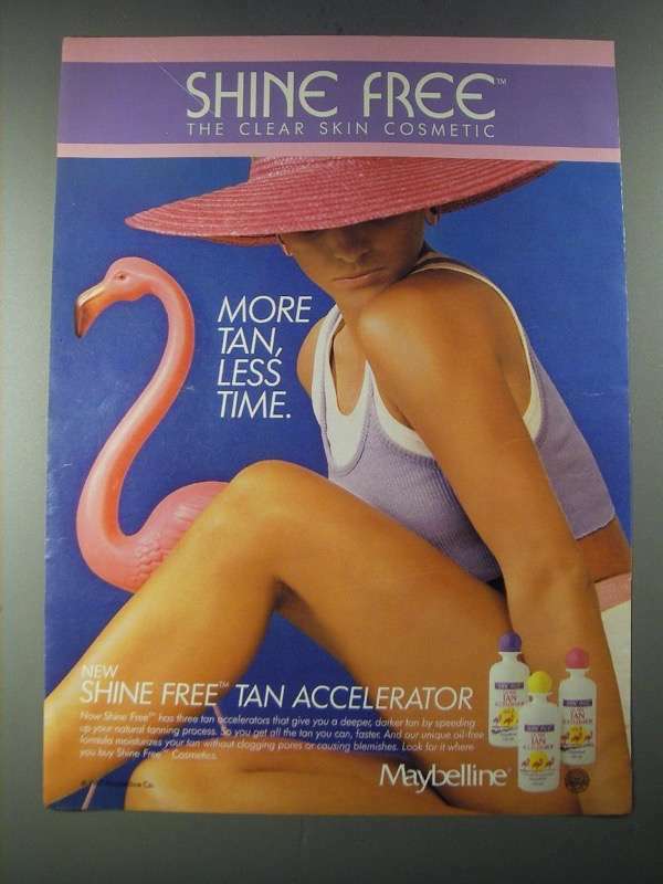 1987 Maybelline Shine Free Tan Accelerator Ad - More Tan, Less Time
