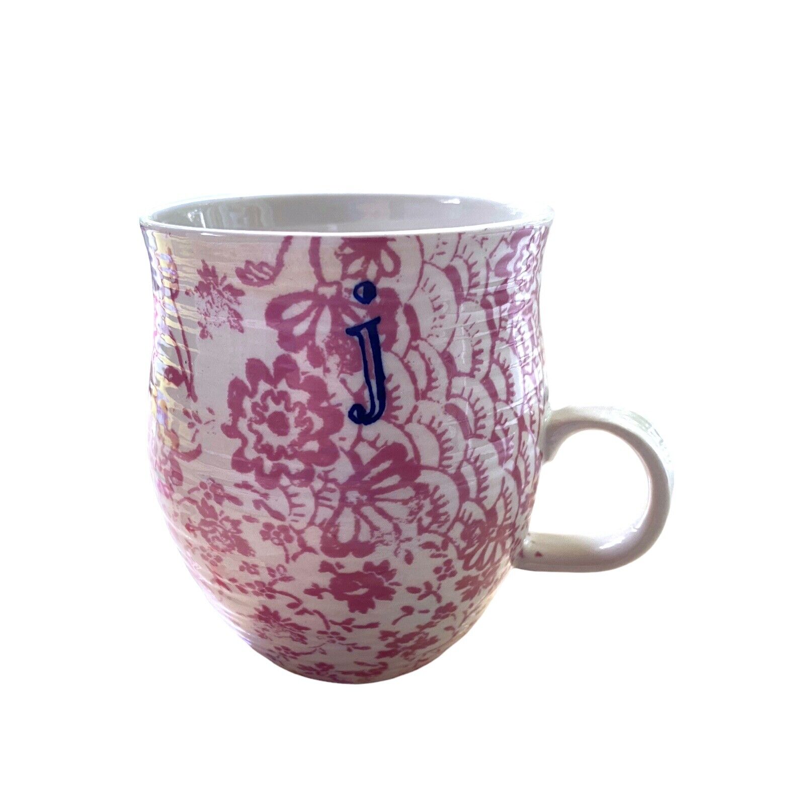 Anthropologie Pink White Floral Mug Blue J Monogram Initial Cup Mug Lower Case j