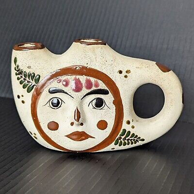 Mexican Pottery Double Candle Holder Vase Face Folk Art Handle 3D Flowers 