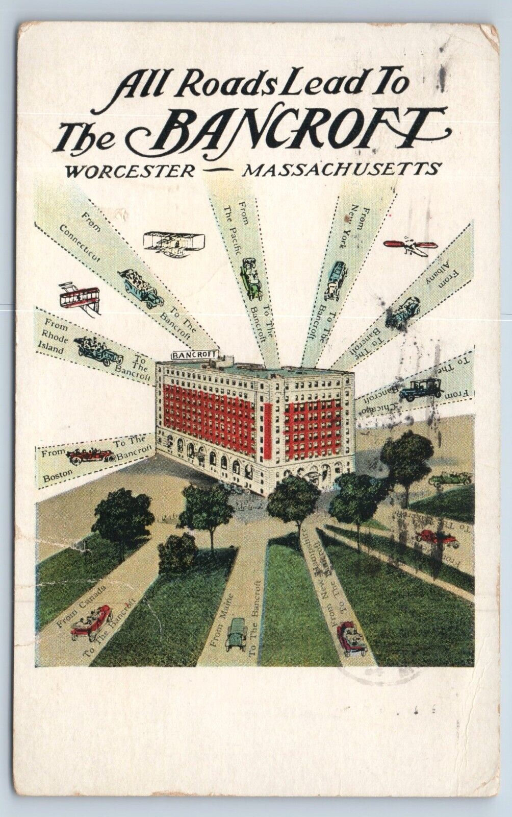 Postcard All Roads Lead to The Bancroft Hotel Worcester Massachusetts c1928