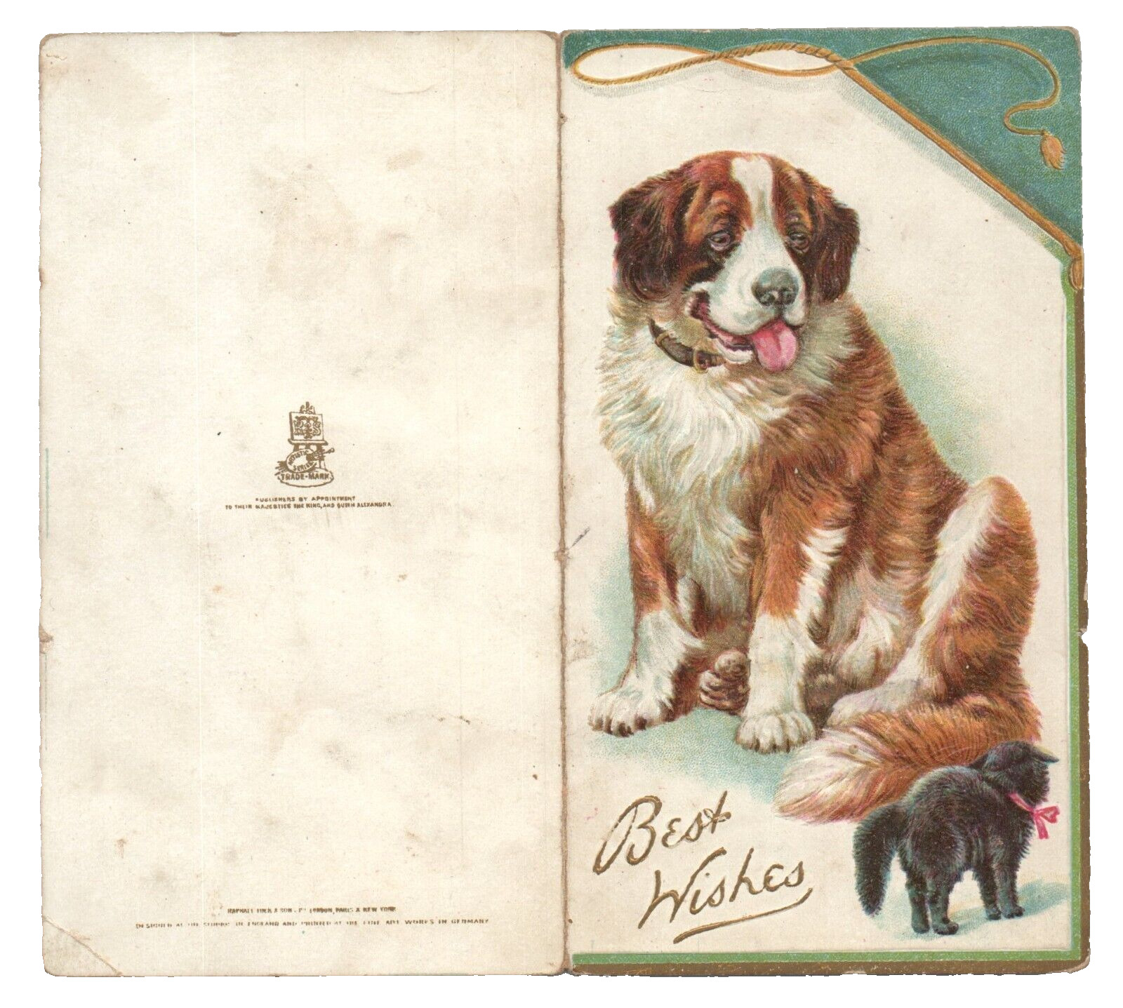 c.1910 St. Bernard Dog Puppy Black Kitten Cat New Year Greeting Card VTG Tuck\'s