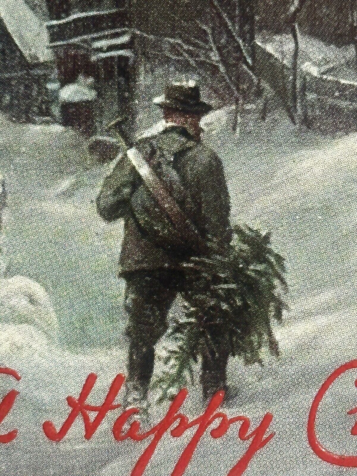 Tucks Happy Christmas Postcard Oilette Brings Home Tree Snow- Bound Night Scene