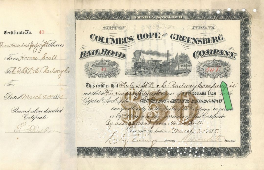 Columbus Hope and Greensburg Railroad Co. - High Denomination 1885 dated Railroa