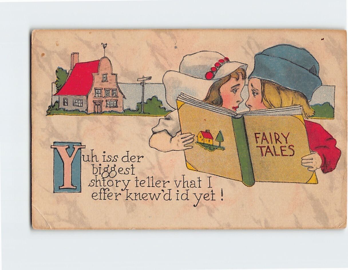 Postcard Two Kids Reading a Fairy Tales Book