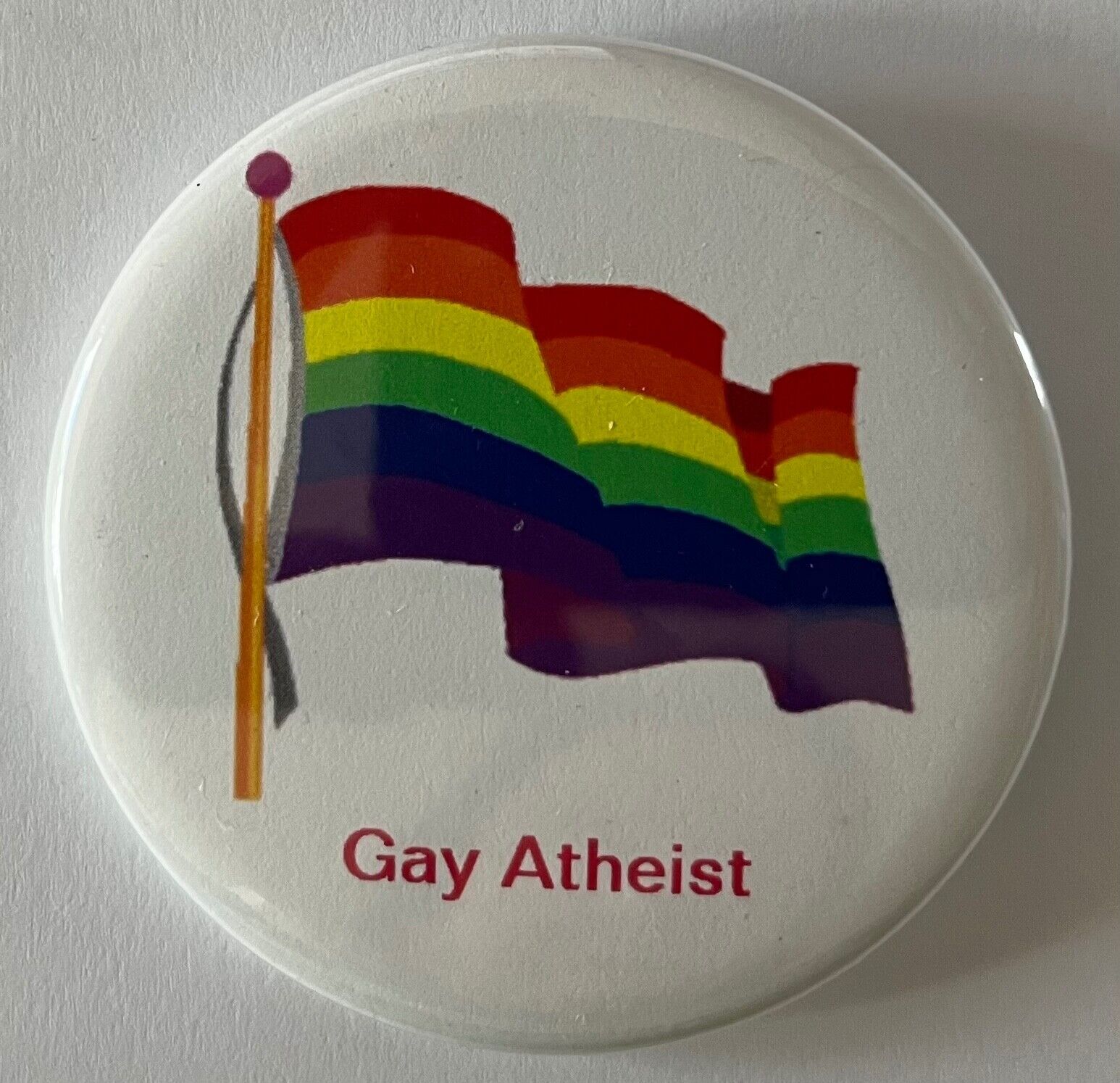 Gay Atheist button rainbow flag LGBTQ homosexual cause religion pin