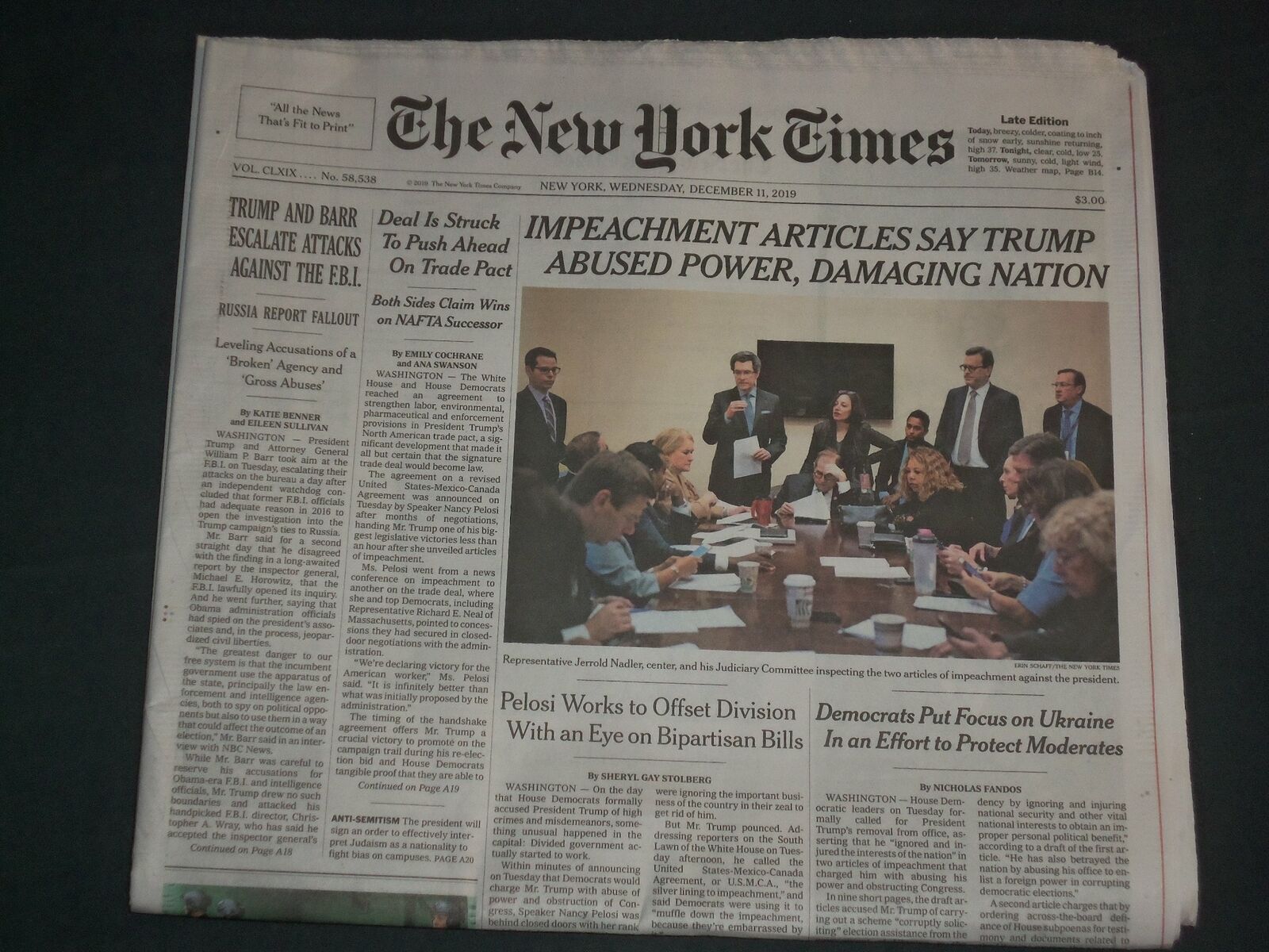 2019 DECEMBER 11 NEW YORK TIMES - IMPEACHMENT ARTICLES SAY TRUMP ABUSED POWER