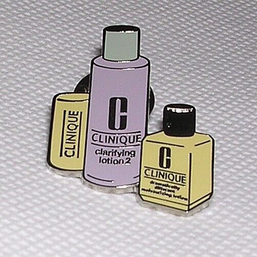 Clinique Cosmetics Employee Lab Coat Lapel Pin: Clarifying Lotion Bottles & Soap