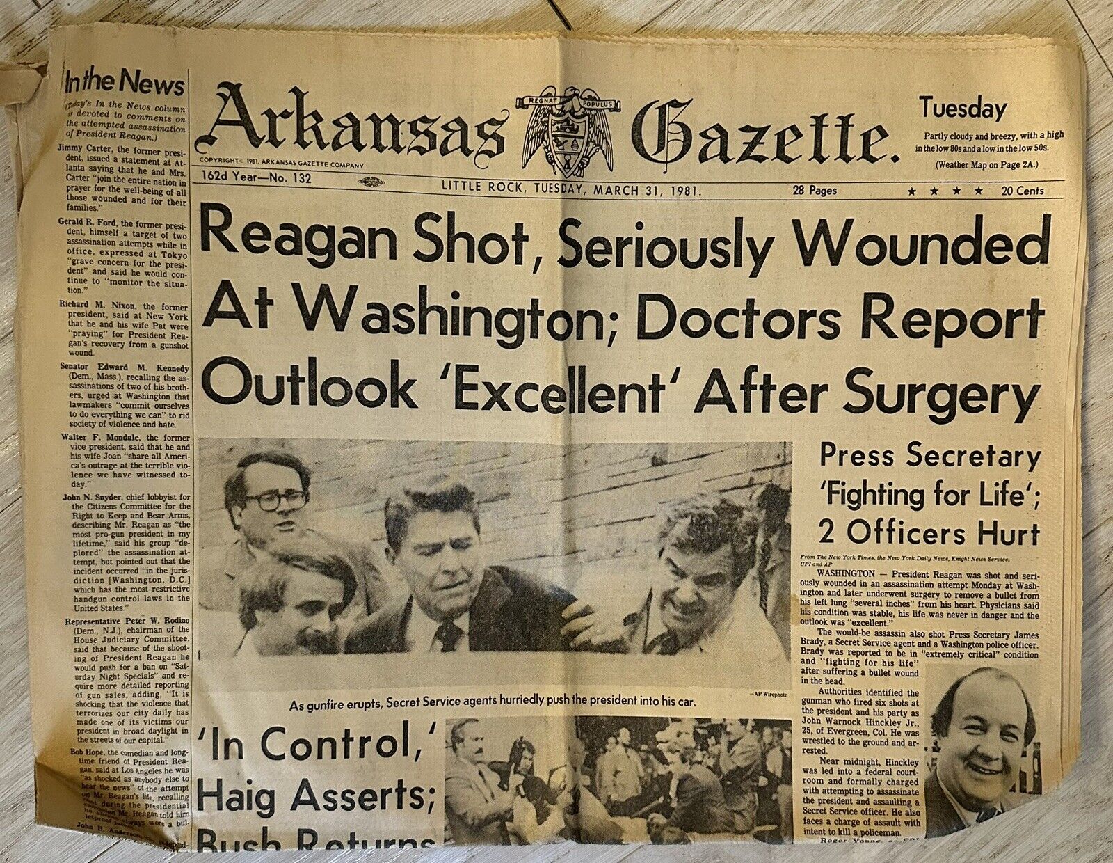 Arkansas Gazette Newspaper President Ronald Reagan Shot Front Section 3/31/1981