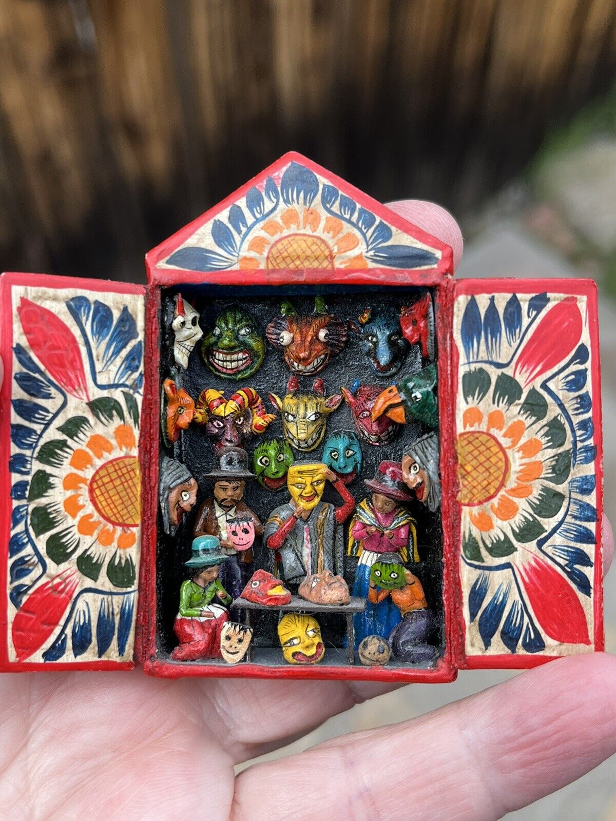 Miniature Peruvian Retablo Of A Mask Shop Handmade By Claudio Jimenez Quispe