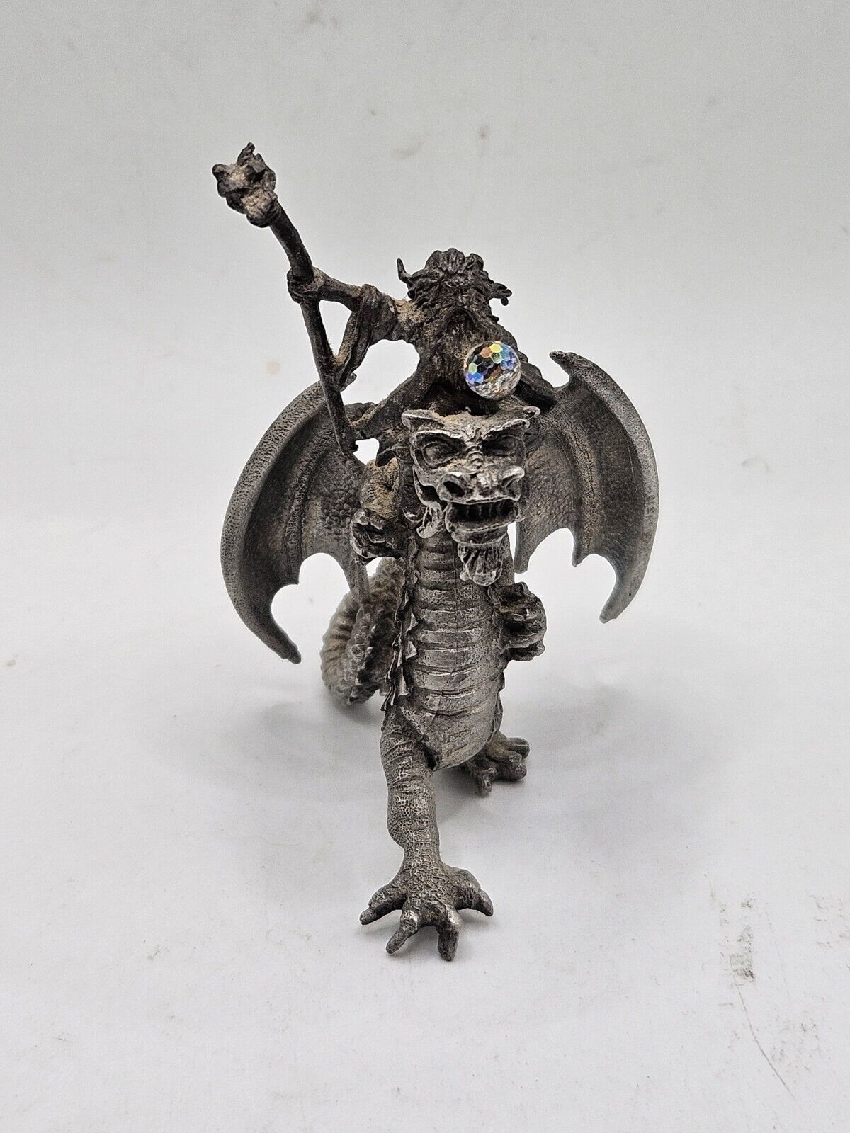Vintage Pewter Wizard With Crystal Ball Riding Dragon Figurine